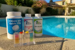 Piscine extérieure par temps ensoleillé avec kit de test du chlore posé sur le bord du bassin