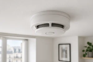Détecteur de fumée DAAF blanc fixé au plafond d'un appartement, lumière naturelle douce