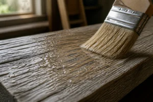 Traitement d'un bois grisaillé au pinceau pour l'éclaircir sans poncer, gros plan sur la fibre de chêne