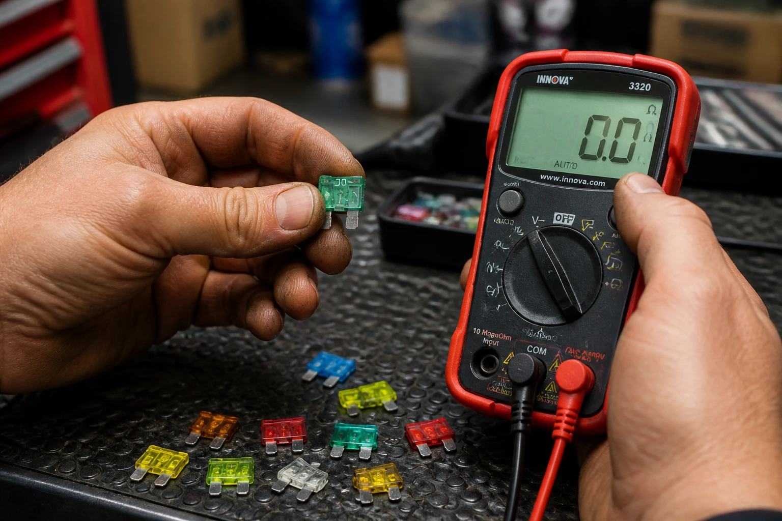 Multimètre numérique testant un fusible à lame automobile sur un établi d'atelier, 0 ohm affiché