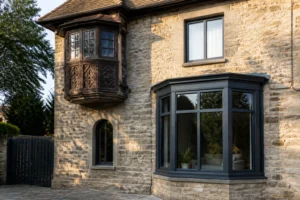 Façade de maison avec un oriel en bois à l'étage et un bow-window en aluminium au rez-de-chaussée