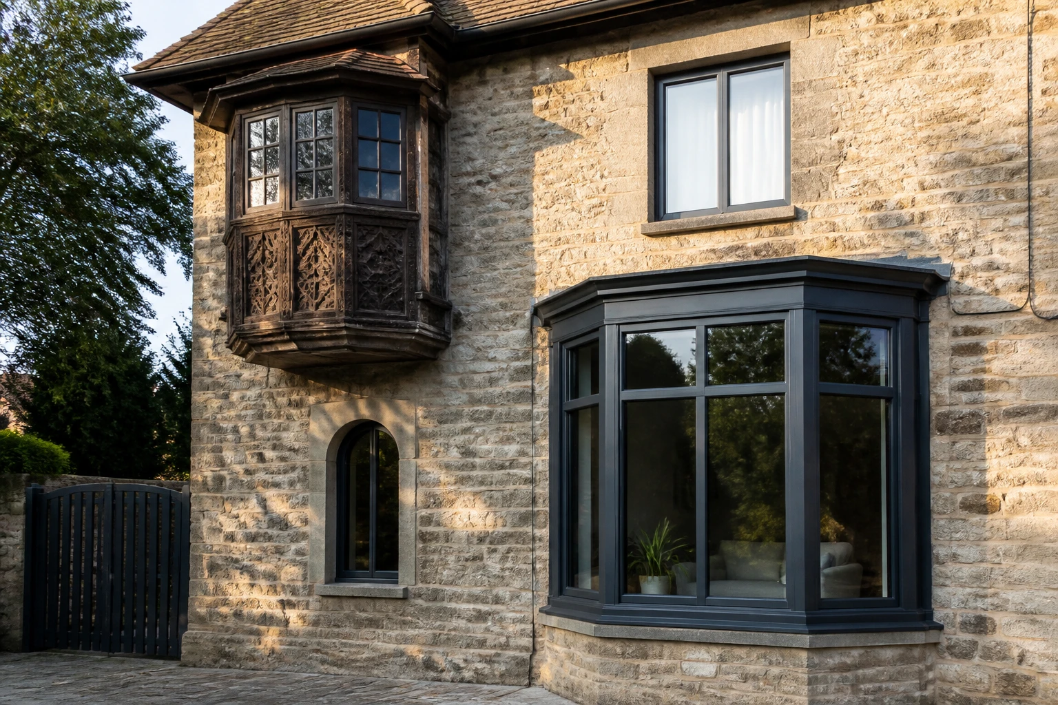 Façade de maison avec un oriel en bois à l'étage et un bow-window en aluminium au rez-de-chaussée