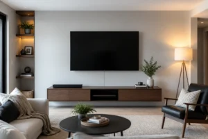 TV fixée au mur sans câbles apparents dans un salon moderne avec goulotte peinte couleur mur