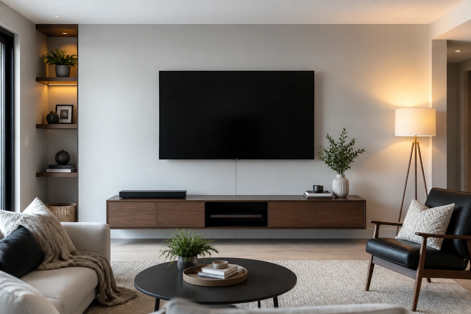 TV fixée au mur sans câbles apparents dans un salon moderne avec goulotte peinte couleur mur