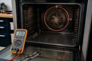 Multimètre posé sur la porte d'un four électrique ouvert montrant la résistance circulaire autour du ventilateur