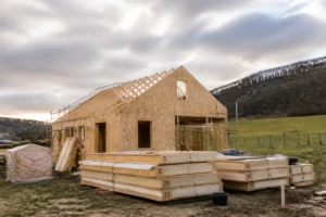 Montage d'une maison bois en kit en milieu rural, panneaux préfabriqués et charpente bois sur chantier