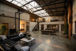 Intérieur d'un hangar industriel converti en maison habitation avec charpente métallique apparente et mezzanine en bois