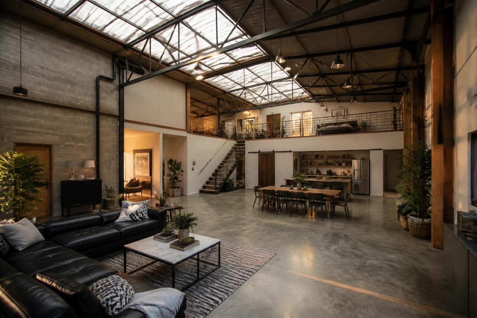 Intérieur d'un hangar industriel converti en maison habitation avec charpente métallique apparente et mezzanine en bois