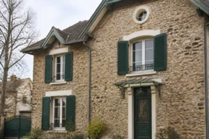 Façade en pierre meulière d'un pavillon de banlieue parisienne avec joints à la chaux et volets bois
