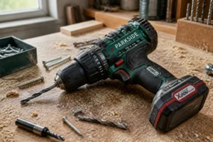Perceuse-visseuse sans fil Parkside posée sur un établi en bois avec sciure et accessoires