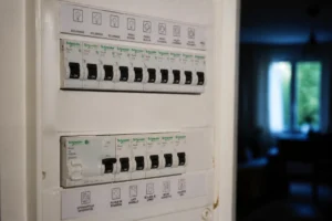 Tableau électrique domestique avec disjoncteurs en position haute et différentiel légèrement baissé