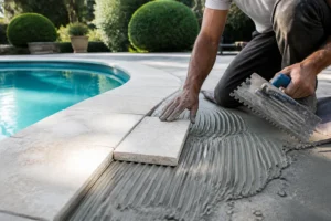 Pose de margelles en pierre naturelle autour d'une piscine extérieure par un artisan professionnel