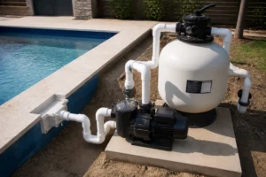 Installation d'un filtre à sable pour remplacer le bloc filtration Desjoyaux F15 en bord de piscine