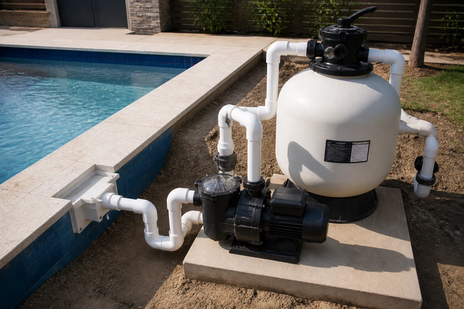 Installation d'un filtre à sable pour remplacer le bloc filtration Desjoyaux F15 en bord de piscine
