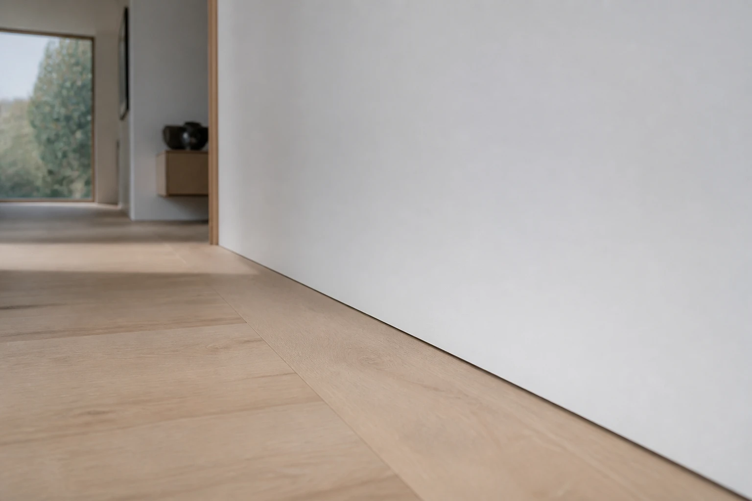 Plinthe affleurante invisible entre parquet chêne et mur blanc dans intérieur contemporain
