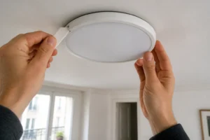 Main utilisant une spatule plastique pour déclipser un plafonnier LED rond blanc au plafond