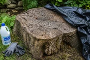 Souche d'arbre avec trous percés et bâche noire dans un jardin, à côté d'une bouteille d'eau de javel