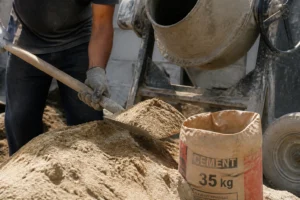 Ouvrier dosant du sable à la pelle pour béton avec un sac de ciment de 35 kg sur chantier