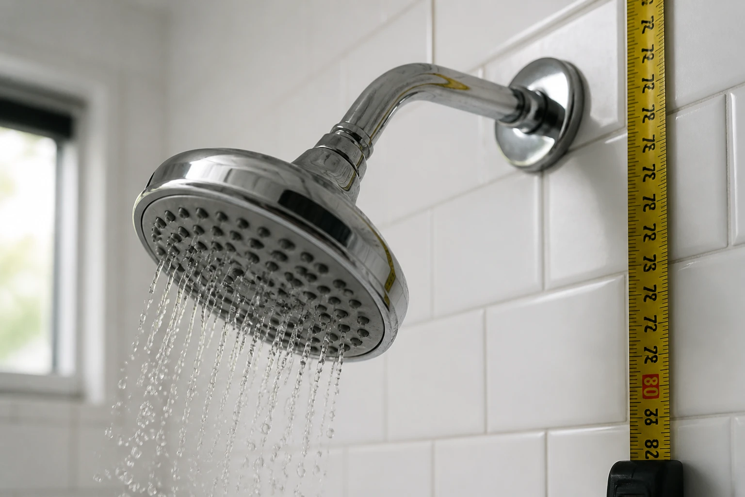 Pommeau de douche chromé fixé au mur d'une salle de bain carrelée blanche, à hauteur standard de 200 cm