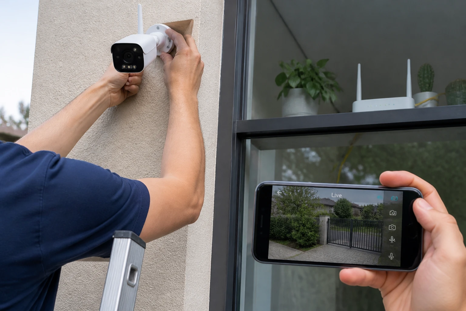 Installation d'une caméra Ctronics sur façade extérieure à 2,5 mètres de hauteur, configuration wifi sur smartphone