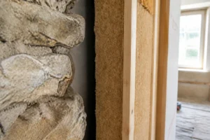 Coupe de mur en pierre ancienne avec lame d'air et isolant en laine de bois posé sur ossature bois