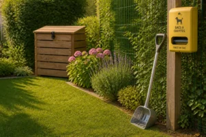 Jardin français avec composteur fermé, pelle à crottes et distributeur de sacs biodégradables