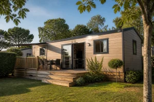 Mobil-home installé dans un parc résidentiel de loisirs avec terrasse en bois