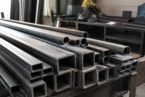 Profilés et tubes en acier S235 empilés dans un atelier de métallerie