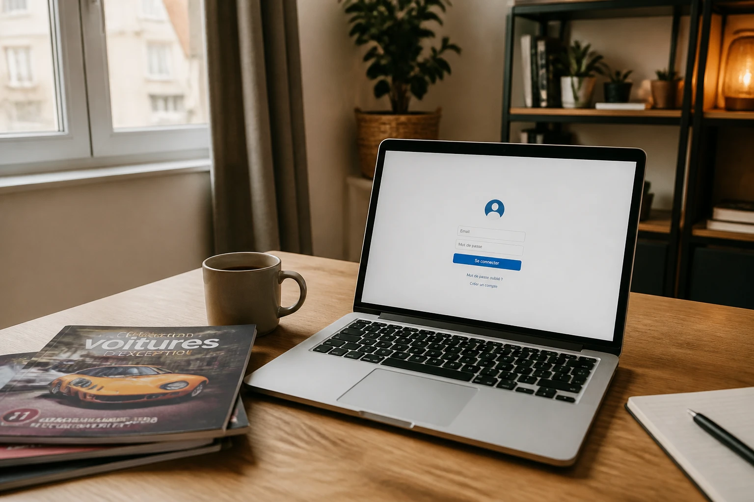 Ordinateur portable ouvert sur une page de connexion, entouré de fascicules de collection sur un bureau