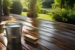 Terrasse en bois nettoyée avec un seau d'eau savonneuse et une brosse à poils souples posés à côté