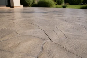 Terrasse en béton imprimé avec une fissure visible sur la surface, motif pierre reconstituée