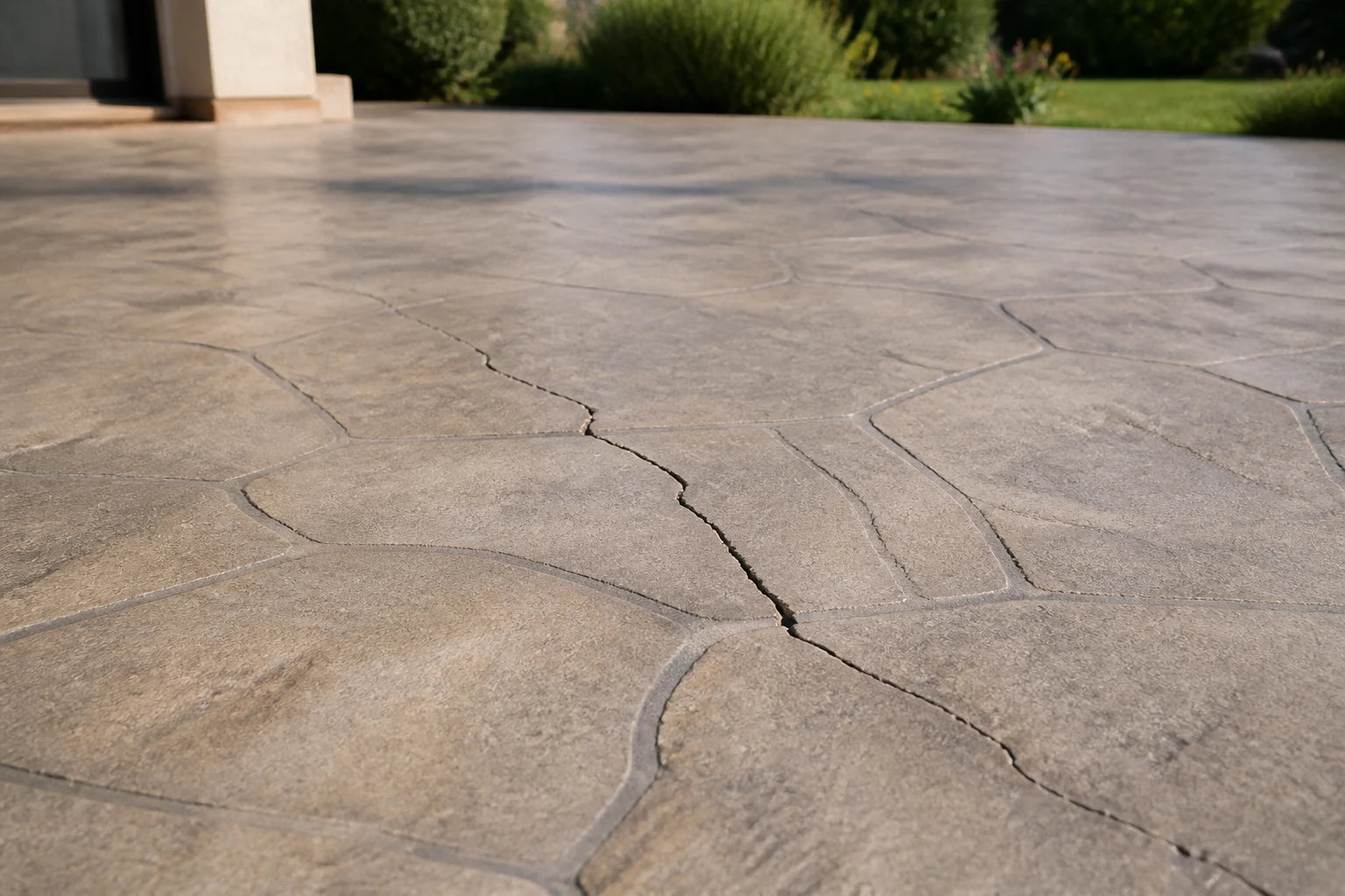 Terrasse en béton imprimé avec une fissure visible sur la surface, motif pierre reconstituée