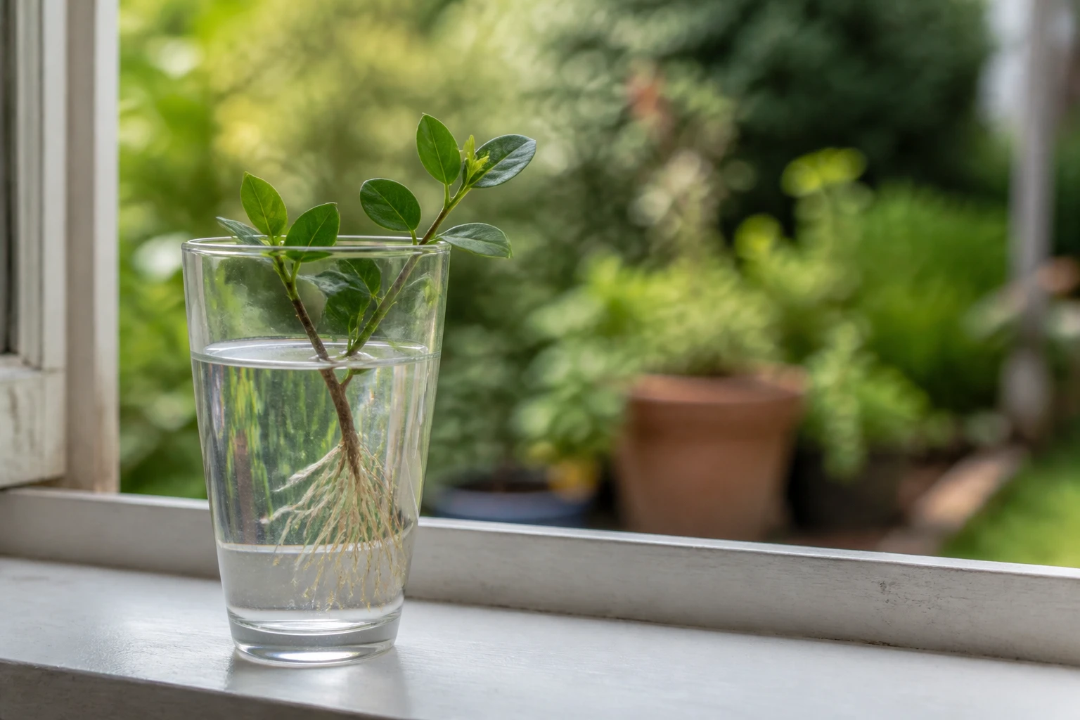 Bouture de chèvrefeuille dans un verre d'eau avec racines visibles près d'une fenêtre