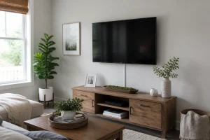 TV murale fixée au mur avec câbles dissimulés dans une goulotte discrète peinte