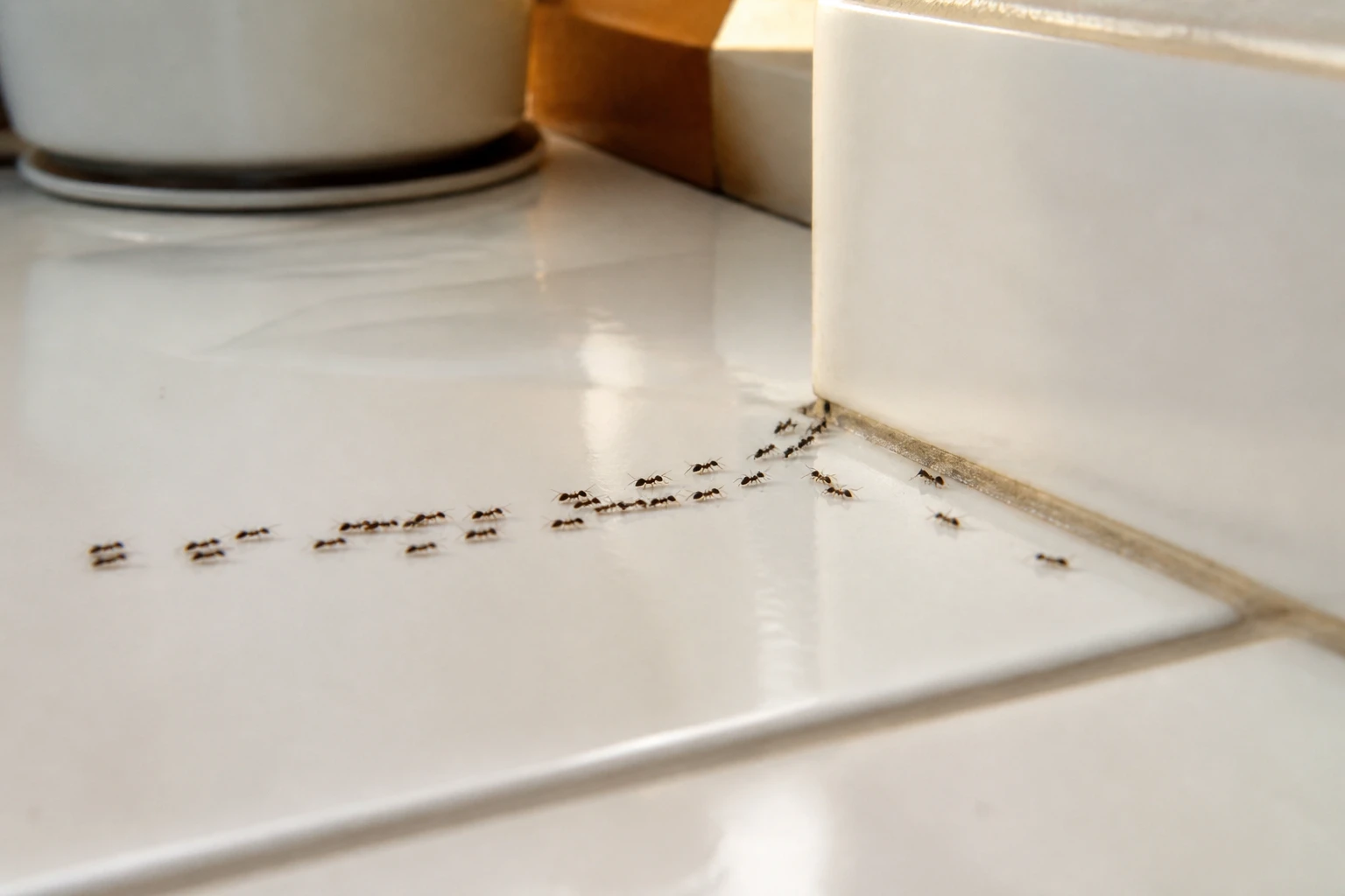 File de fourmis domestiques traversant un plan de travail de cuisine près d'une plinthe