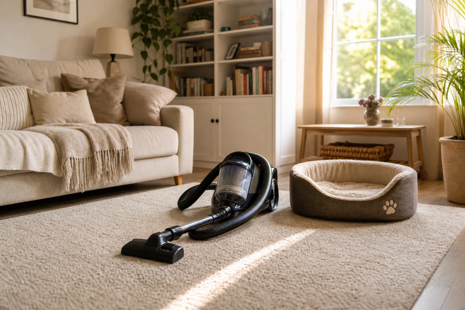 Aspirateur passé sur un tapis dans un salon pour éliminer les puces