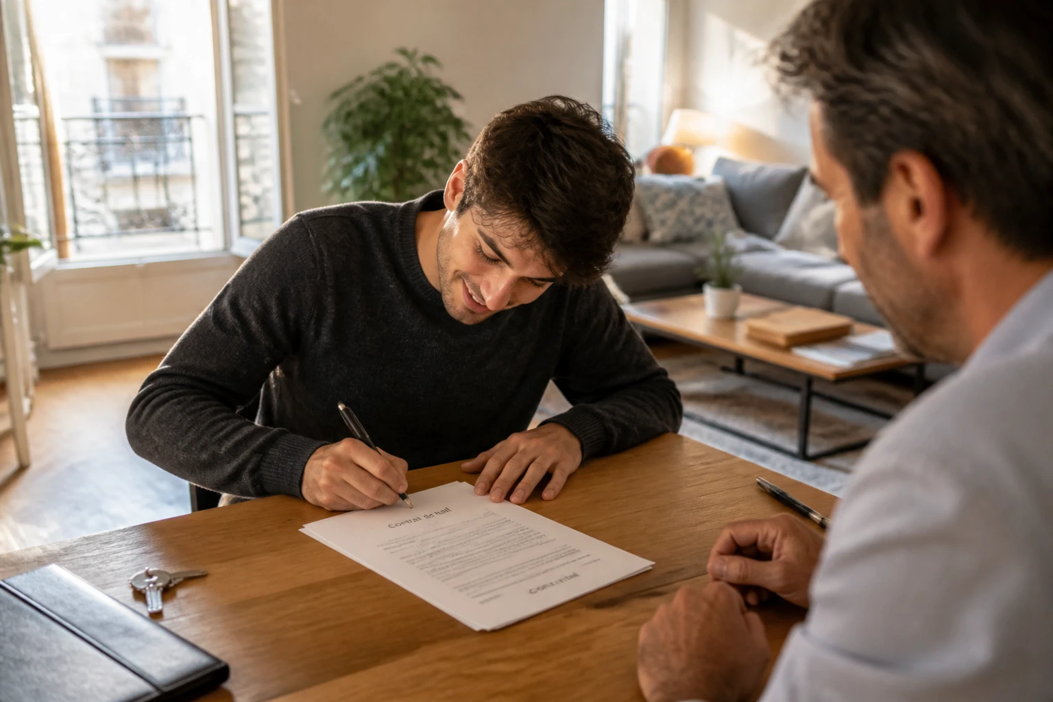 Locataire et propriétaire signant un bail avec documents Visale sur la table