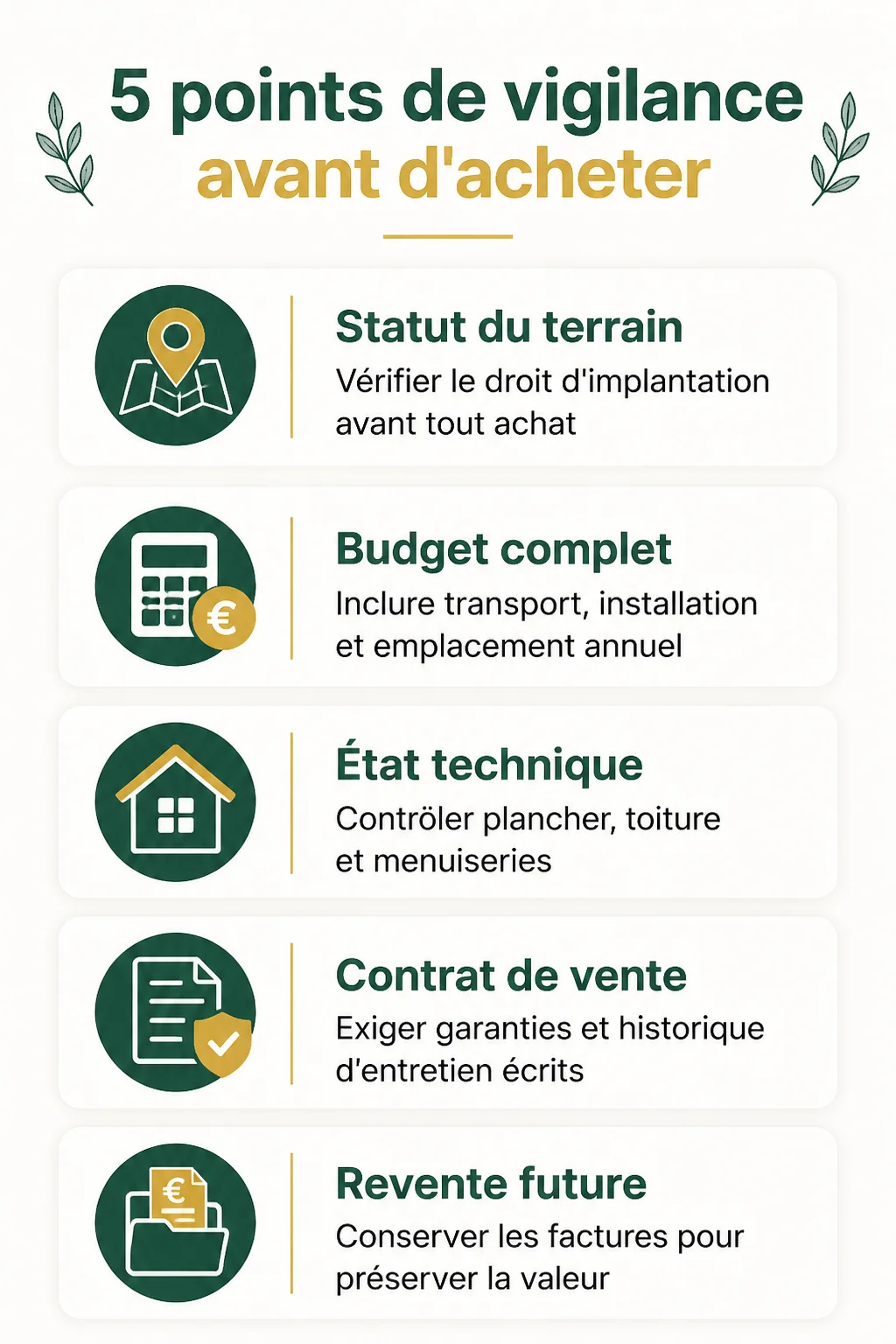 5 points de vigilance avant d'acheter : Statut du terrain, Budget complet, État technique, Contrat de vente, Revente future