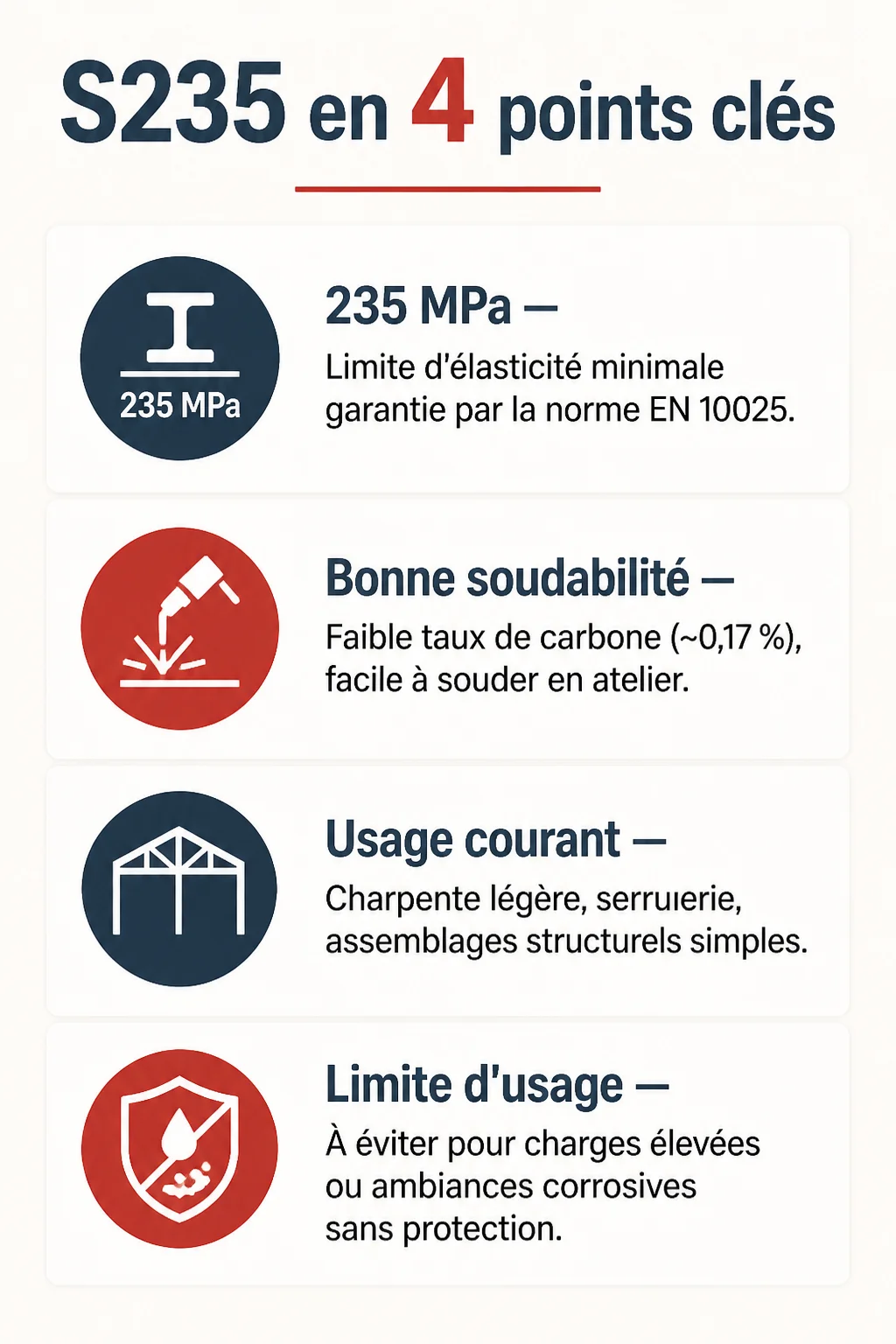 S235 en 4 points clés : 235 MPa, Bonne soudabilité, Usage courant, Limite d'usage