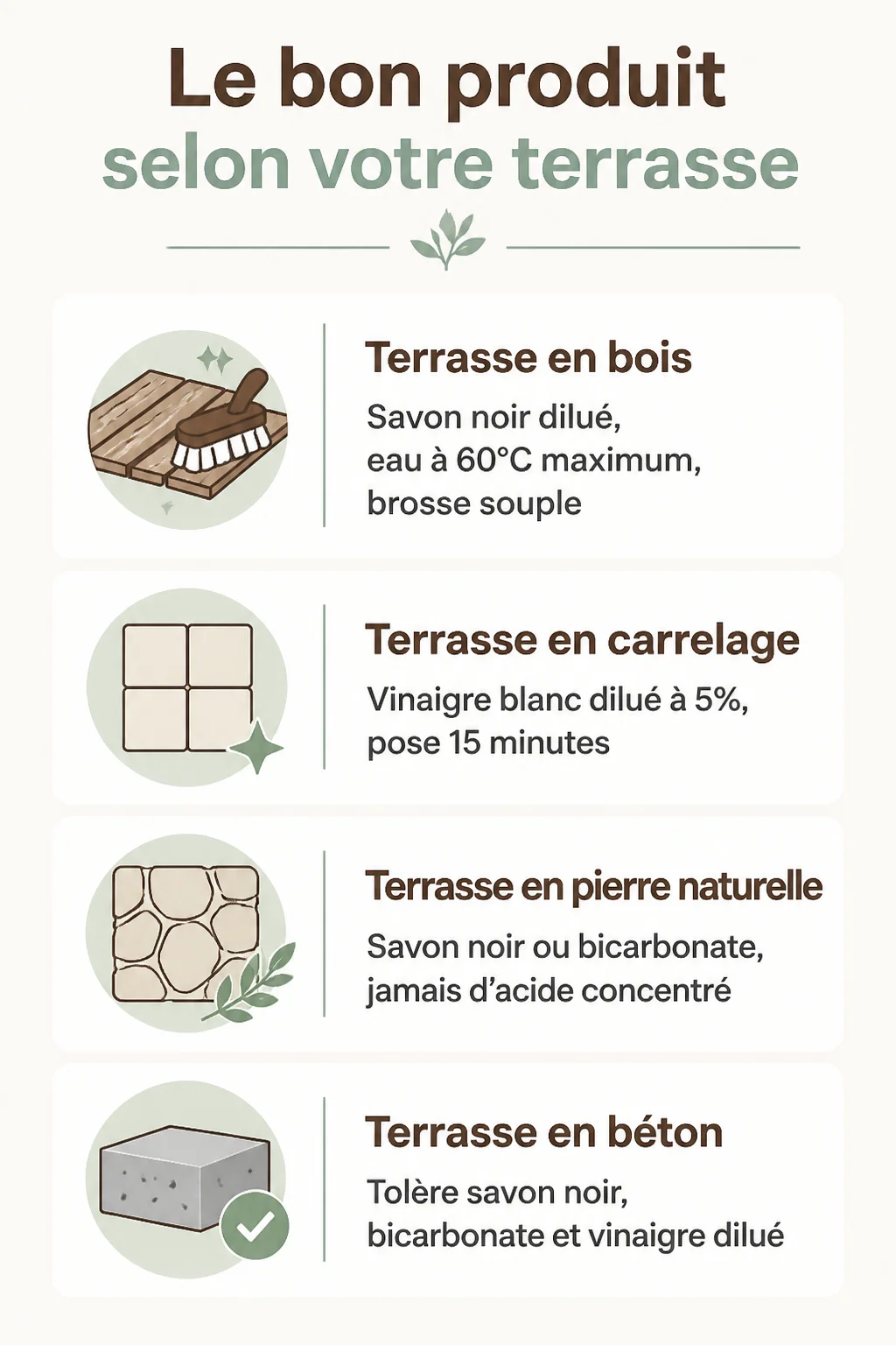 Le bon produit selon votre terrasse : Terrasse en bois, Terrasse en carrelage, Terrasse en pierre naturelle, Terrasse en béton
