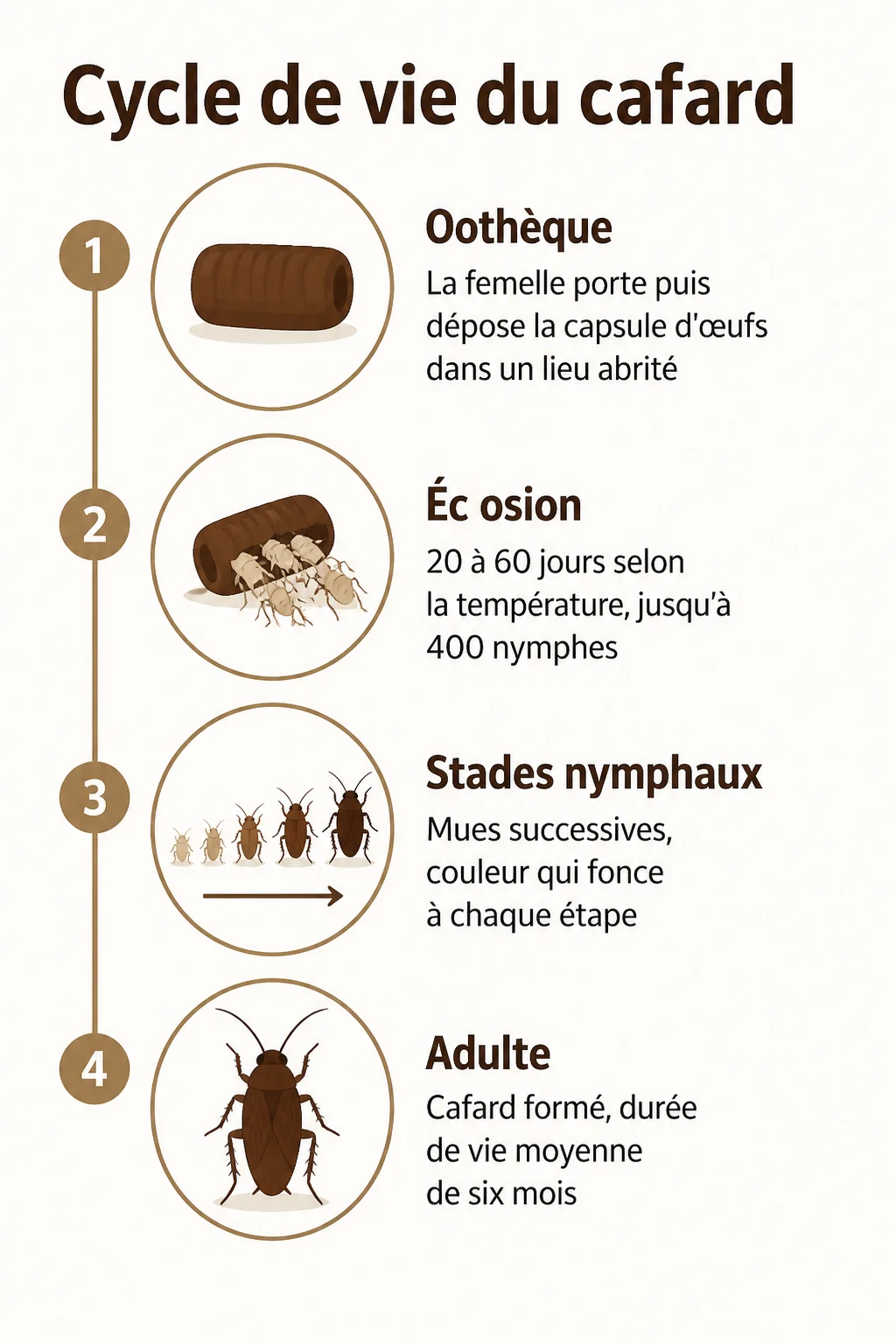 Cycle de vie du cafard : 1. Oothèque, 2. Éclosion, 3. Stades nymphaux, 4. Adulte