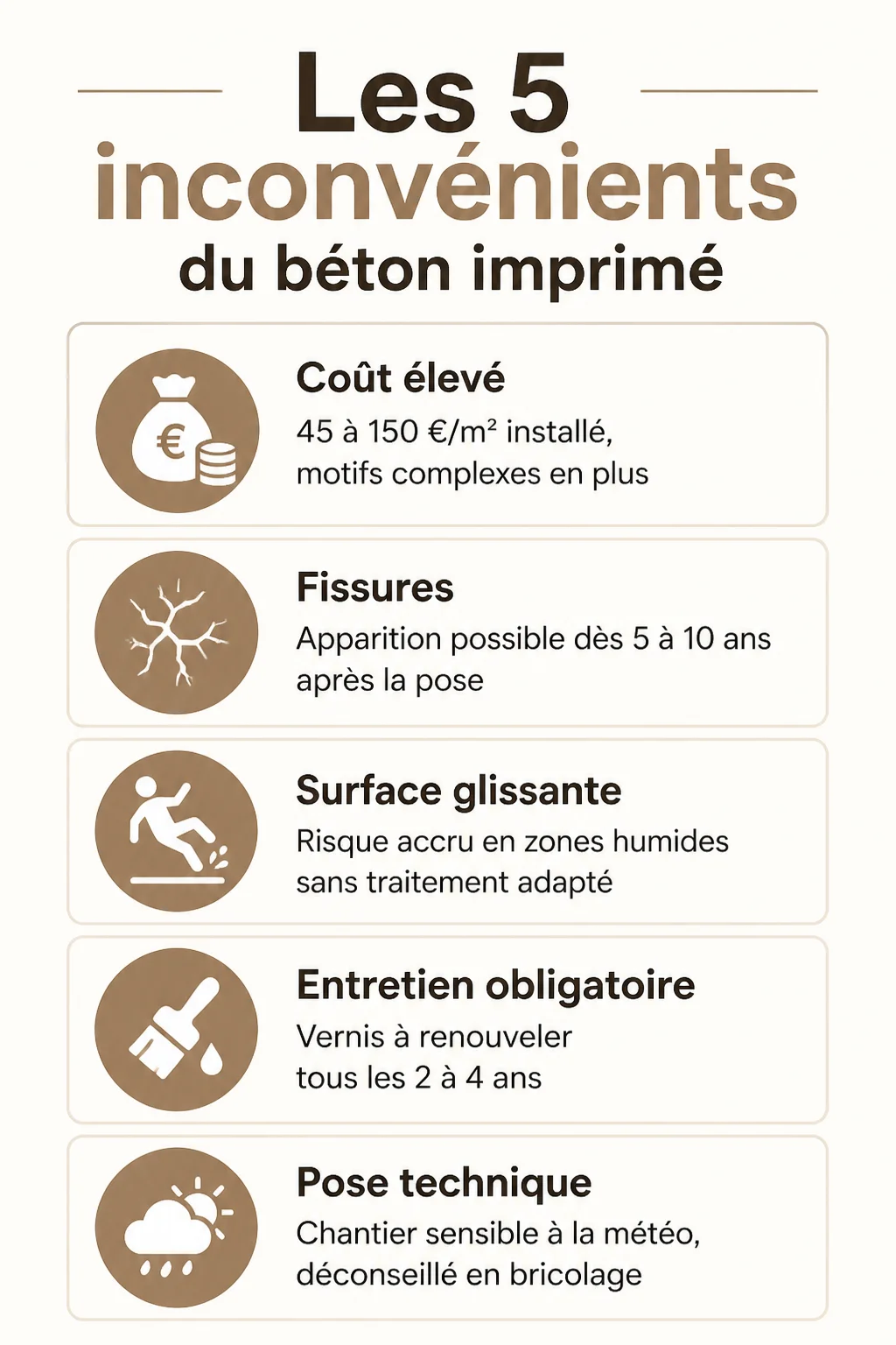 Les 5 inconvénients du béton imprimé : Coût élevé, Fissures, Surface glissante, Entretien obligatoire, Pose technique