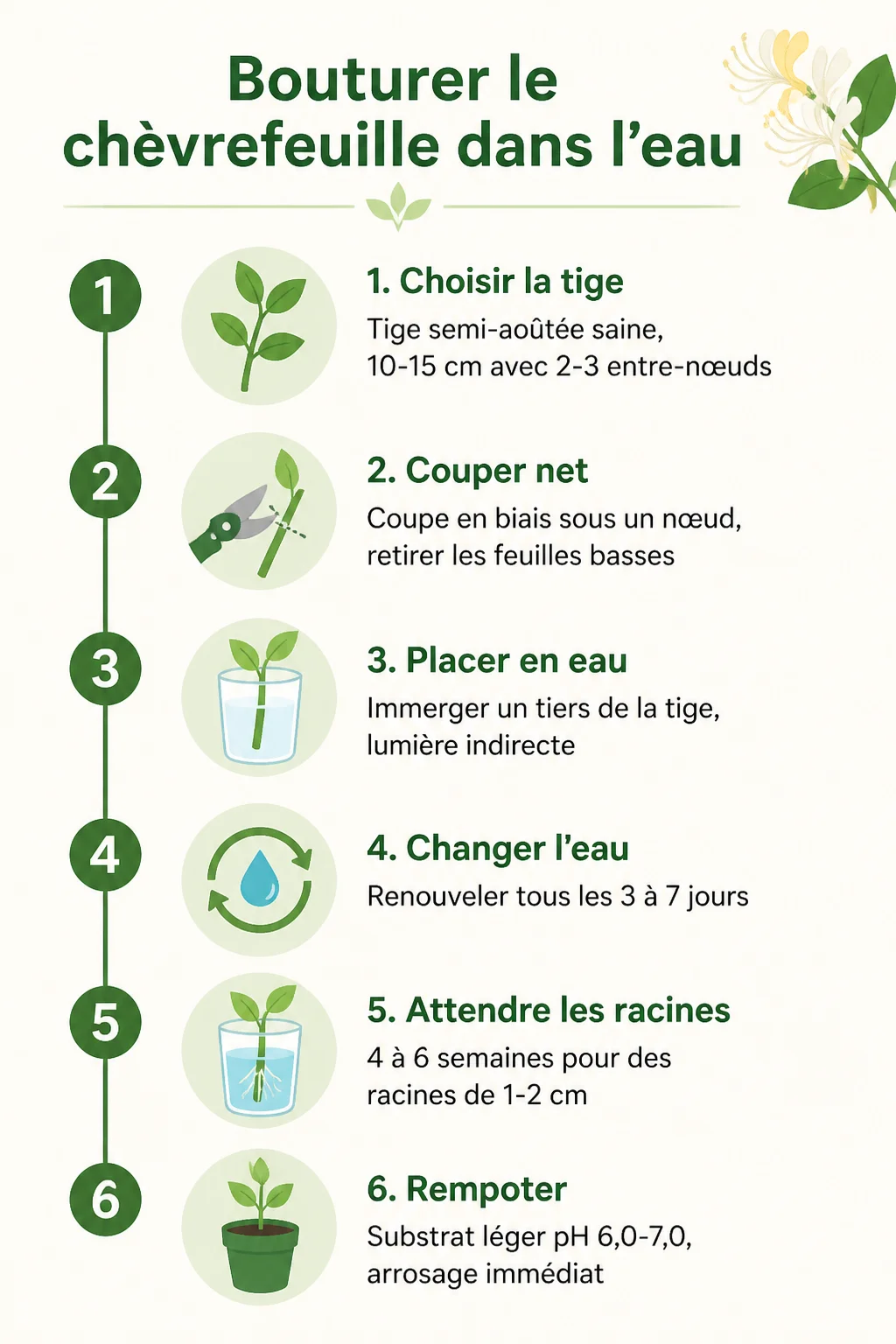 Bouturer le chèvrefeuille dans l'eau : 1. Choisir la tige, 2. Couper net, 3. Placer en eau, 4. Changer l'eau, 5. Attendre les racines, 6. Rempoter