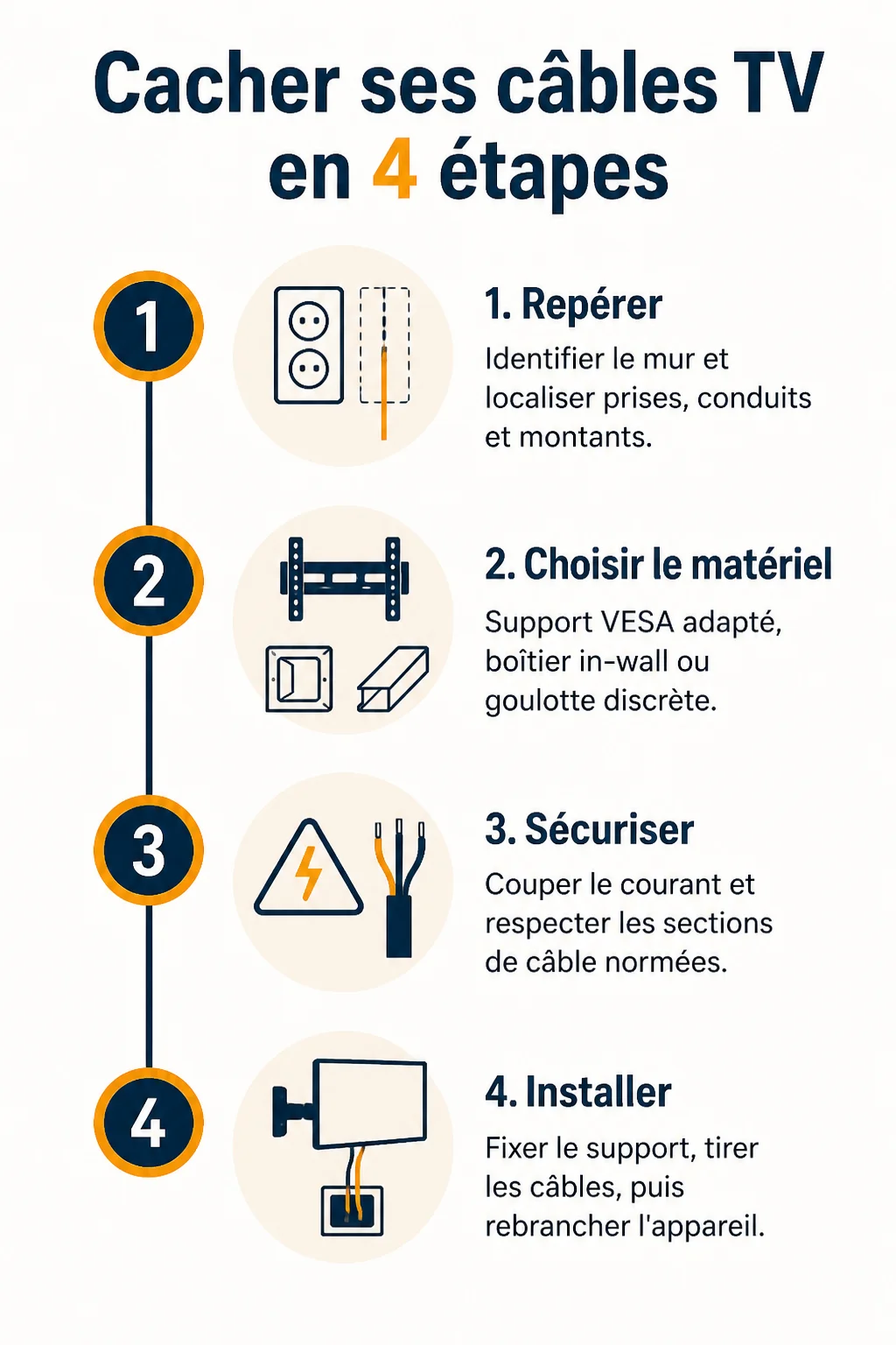 Cacher ses câbles TV en 4 étapes : 1. Repérer, 2. Choisir le matériel, 3. Sécuriser, 4. Installer