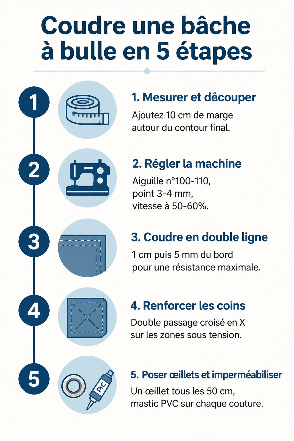 Coudre une bâche à bulle en 5 étapes : 1. Mesurer et découper, 2. Régler la machine, 3. Coudre en double ligne, 4. Renforcer les coins, 5. Poser œillets et imperméabiliser