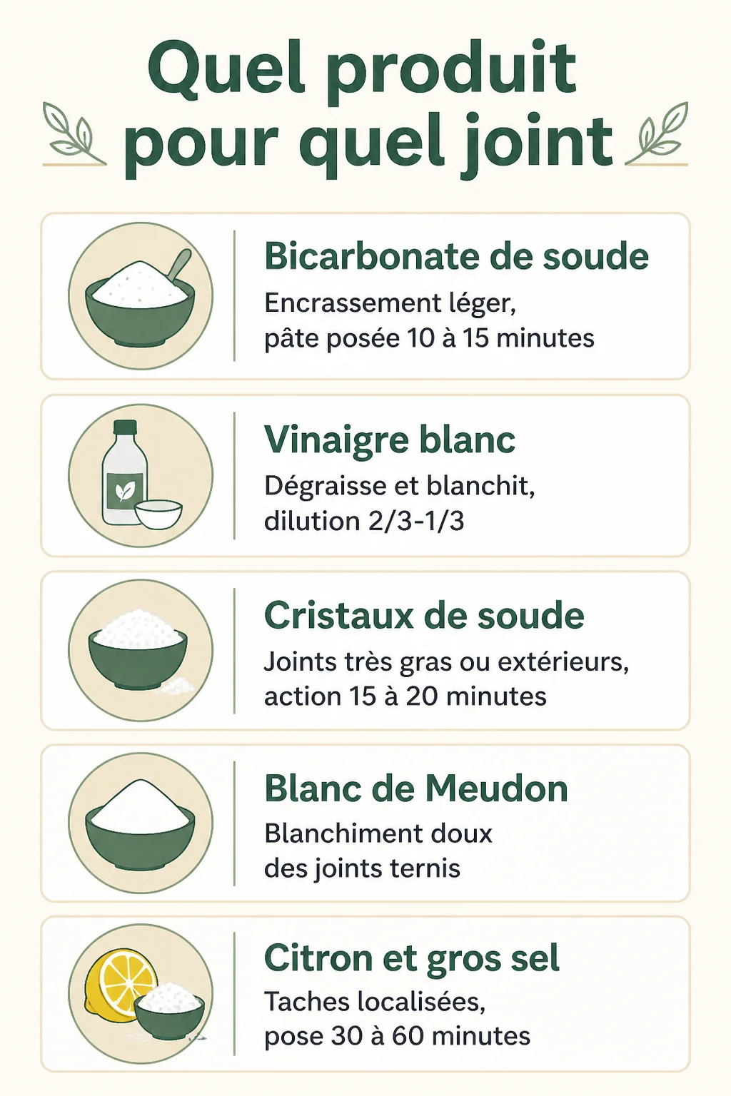 Quel produit pour quel joint : Bicarbonate de soude, Vinaigre blanc, Cristaux de soude, Blanc de Meudon, Citron et gros sel