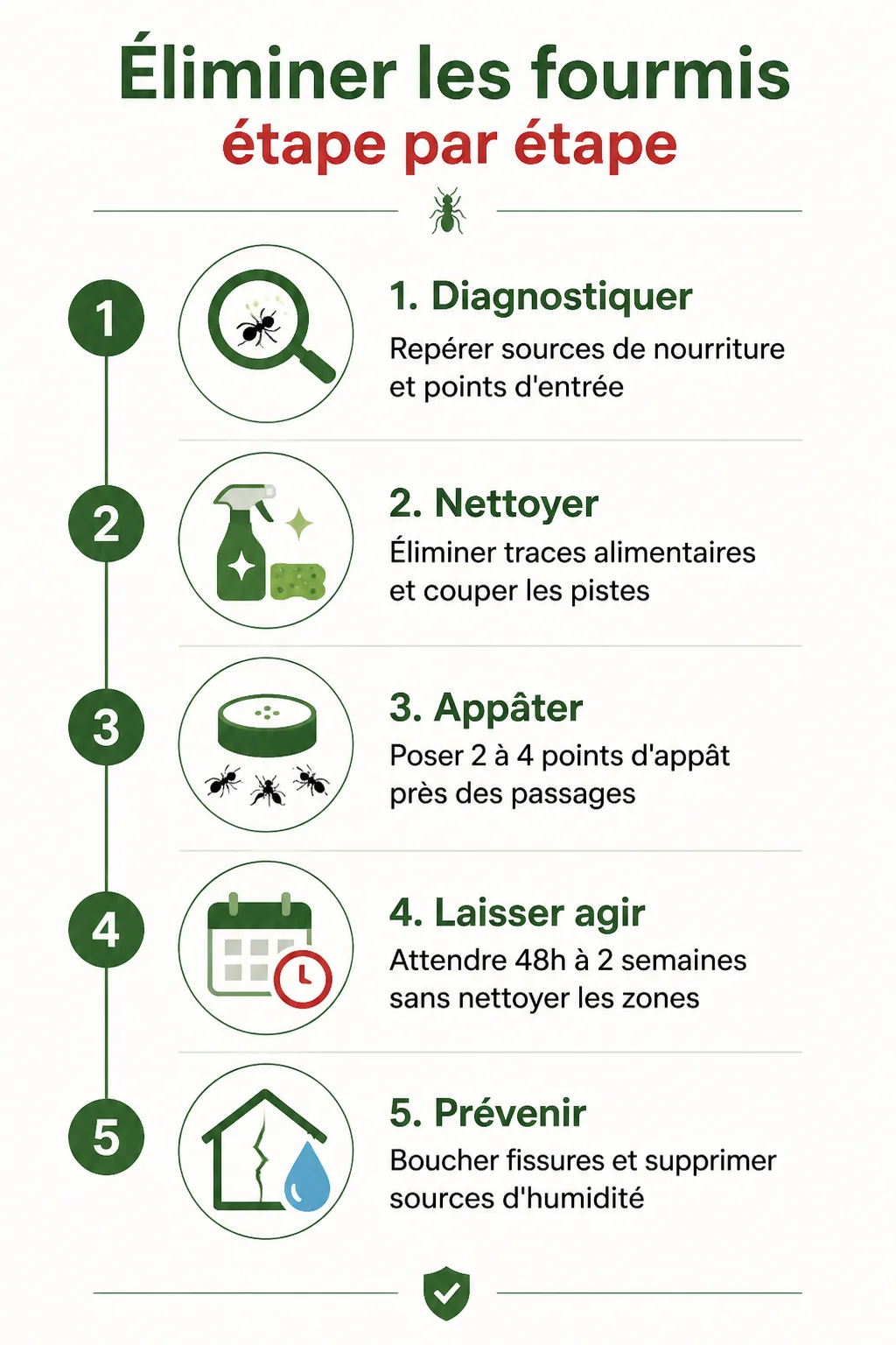 Éliminer les fourmis étape par étape : 1. Diagnostiquer, 2. Nettoyer, 3. Appâter, 4. Laisser agir, 5. Prévenir