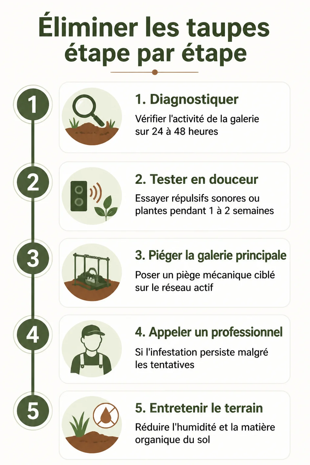 Éliminer les taupes étape par étape : 1. Diagnostiquer, 2. Tester en douceur, 3. Piéger la galerie principale, 4. Appeler un professionnel, 5. Entretenir le terrain