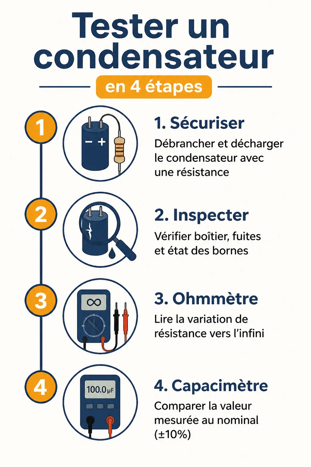 Tester un condensateur en 4 étapes : 1. Sécuriser, 2. Inspecter, 3. Ohmmètre, 4. Capacimètre