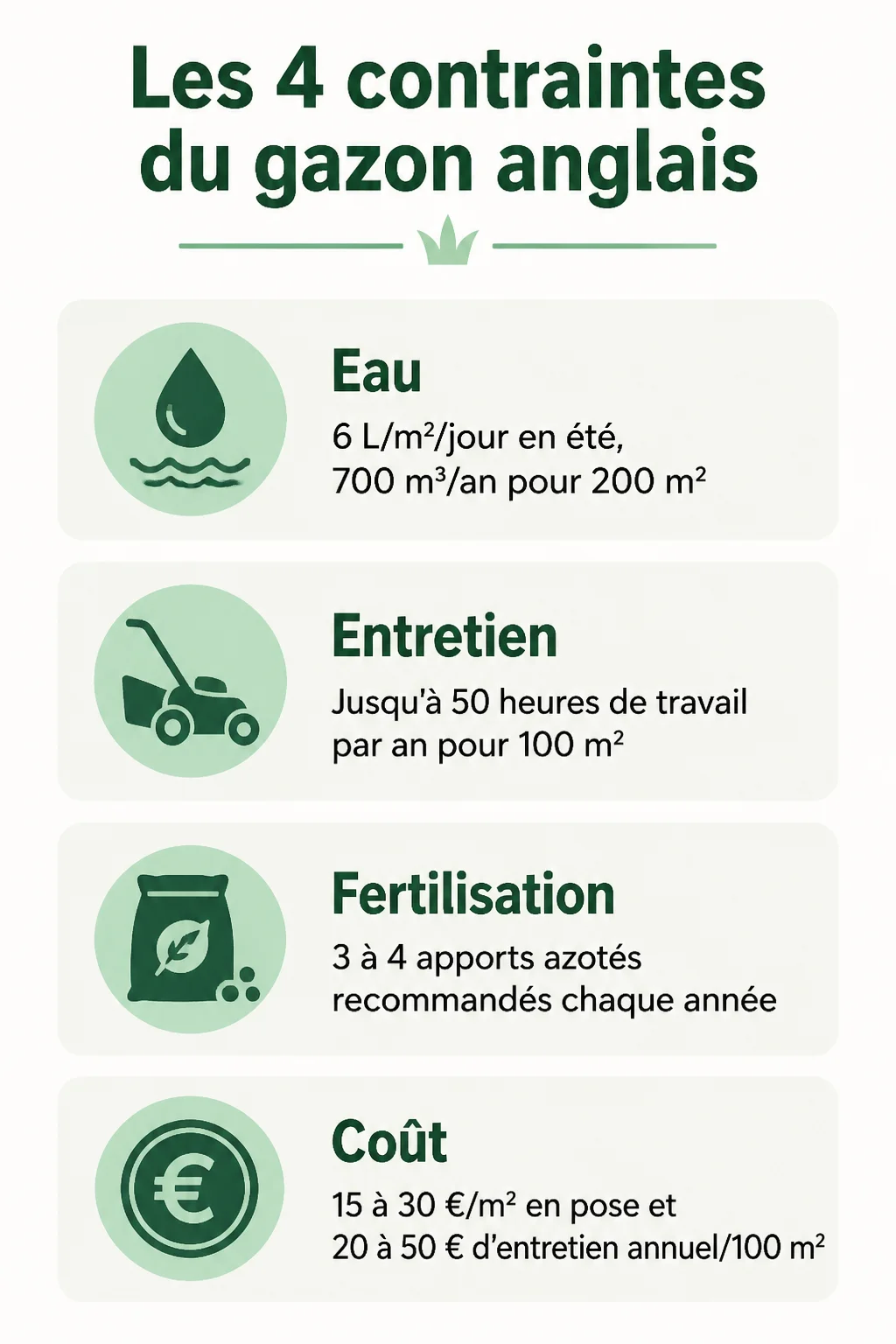 Les 4 contraintes du gazon anglais : Eau, Entretien, Fertilisation, Coût